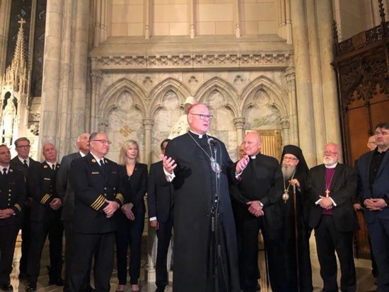 New York Cardinal Timothy Dolan announces a fundraising effort from St. Patrick's Cathedral April 18, 2019, to help support the restoration and rebuilding of Notre Dame Cathedral in Paris.