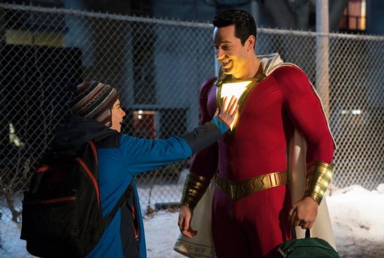 Jack Dylan Grazer and Zachary Levi star in a scene from the movie "Shazam."