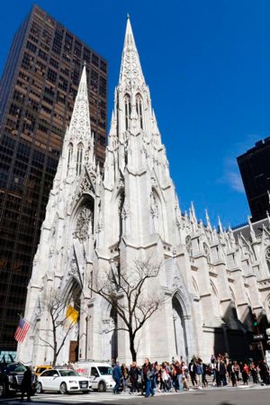 St. Patrick's Cathedral is seen on a sunny afternoon in New York City April 16, 2019. Police say they arrested a man accused of entering St. Patrick's Cathedral with cans of gas and lighters April 17. 