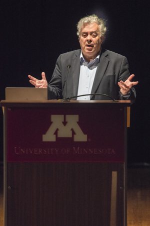 Physicist Stephen Barr delivers the lecture “Modern Physics and Ancient Faith” at the University of Minnesota April 4. He is the founder of the Society of Catholic Scientists, an international lay organization that now has more than 1,000 members.