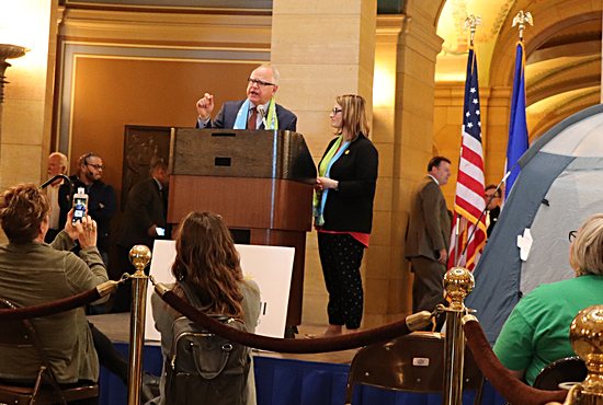Gov. Tim Walz and Lt. Gov. Peggy Flanagan appear at a rally for affordable housing May 6 at the State Capitol in St. Paul.