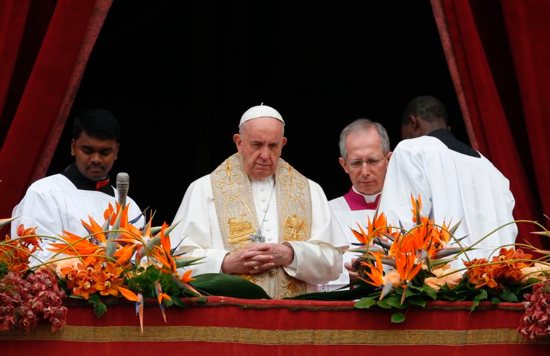 Pope Francis is pictured after delivering his Easter message and blessing "urbi et orbi" (to the city and the world) from the central balcony of St. Peter's Basilica at the Vatican April 21, 2019. That day he prayed for Burkina Faso, and on May 13 he expressed his closeness to and prayers for the victims of a May 12 shooting at a Catholic Church there