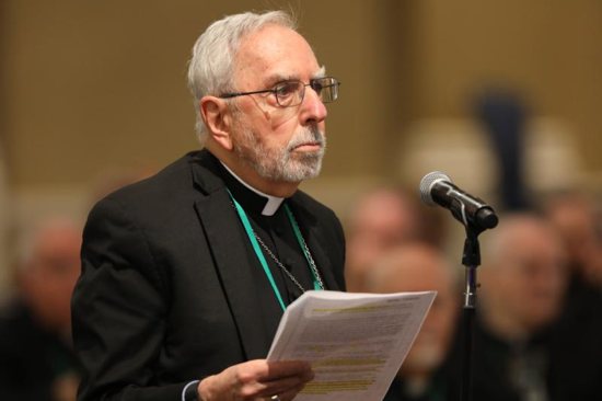 Bishop Gerald F. Kicanas, apostolic administrator of the Diocese of Las Cruces, N.M., speaks from the floor on the first day of the spring general assembly of the U.S. Conference of Catholic Bishops in Baltimore June 11, 2019. 