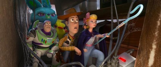 Animated characters Buzz Lightyear, voiced by Tim Allen, Woody, voiced by Tom Hanks, and Bo, voiced by Annie Potts, appear in the movie "Toy Story 4." 