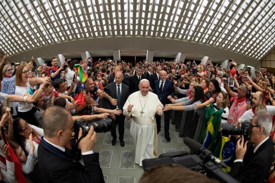 Pope Francis arrives for an audience with members of the Catholic Charismatic Renewal International Service in Paul VI hall at the Vatican June 8, 2019. 