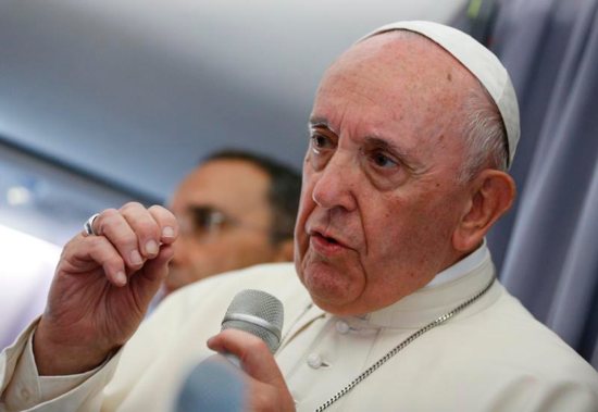 Pope Francis answers questions from journalists aboard his flight from Sibiu, Romania, to Rome June 2, 2019.