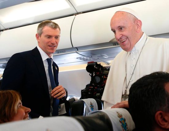 Matteo Bruni of the Vatican Press Office introduces journalists to Pope Francis aboard his flight from Rome to Sofia, Bulgaria