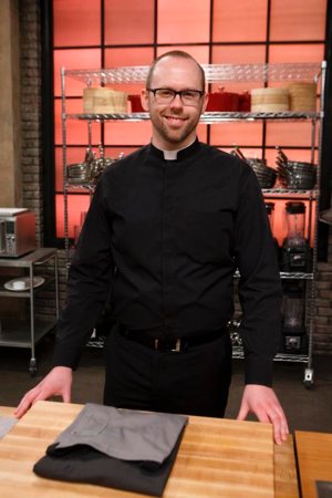 Father Adam Young poses in an episode of "Worst Cooks in America"