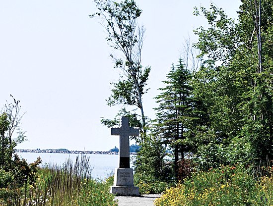A granite cross honoring Father Frederic Baraga, who made a heroic landing on the North Shore of Lake Superior