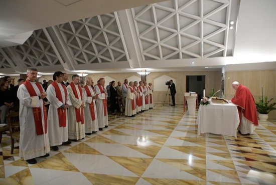 Pope Francis celebrates Mass Sept. 16, 2019, in the chapel of the Domus Sanctae Marthae