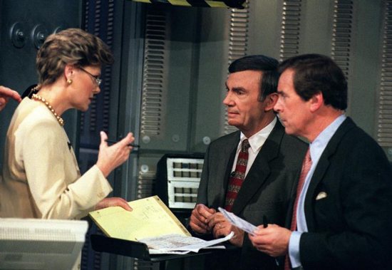 Cokie Roberts, Sam Donaldson and Peter Jennings are seen on election night Nov. 5, 1996.