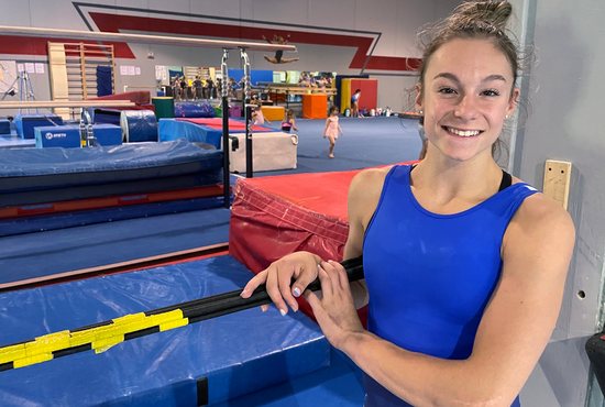 U.S. women's gymnastics Olympic team member Grace McCallum, a member of St. Elizabeth Ann Seton Parish in Isanti, Minn., takes a break from training at the Twin Cities Twisters gym in Champlin, Minn., July 1, 2021.