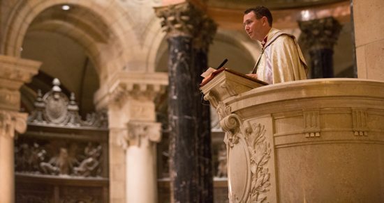 Bishop Andrew Cozzens, bishop-designate of Crookston, preaches at the Cathedral of St. Paul in St. Paul during the annual Candlelight Rosary Procession Oct. 1.