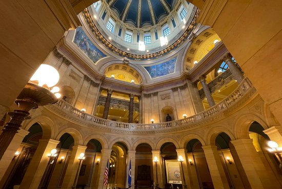 The first-floor rotunda and interior dome of the Minnesota Capitol in St. Paul.