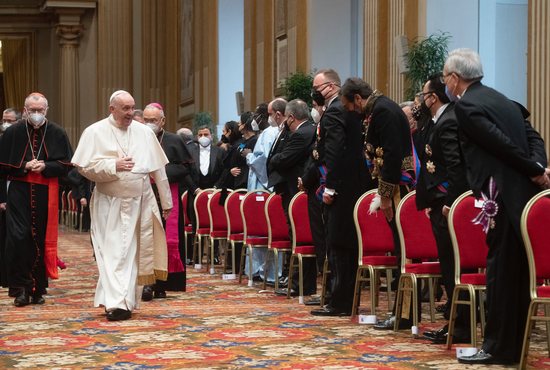 Pope Francis arrives for an annual meeting with diplomats accredited to the Holy See, at the Vatican Jan. 10, 2022. In his address, the pope called for an urgent reality check against misinformation about COVID-19 vaccines.
