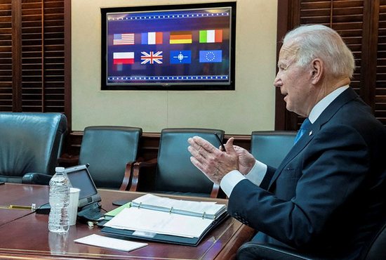 President Joe Biden speaks with European leaders about Russia and the situation in Ukraine during a secure video teleconference from the Situation Room of the White House in Washington Jan. 24, 2022.