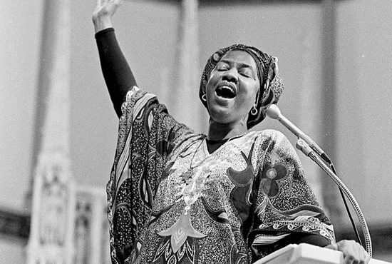 Sister Thea Bowman, a Franciscan Sister of Perpetual Adoration, is shown during a talk she gave at St. Augustine Church in Washington in 1986. Sister Bowman, who died in 1990, is one of six African American Catholics whose causes for canonization are being considered by the Catholic Church. Her sainthood cause was opened in 2018 and she has the title "Servant of God."