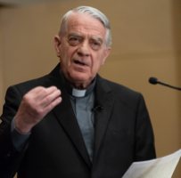 Retired Vatican spokesman Jesuit Father Federico Lombardi delivers a lecture at Fordham University in New York City in this May 15, 2018, file photo. Father Lombardi, who served as the Vatican spokesman for Pope Benedict XVI, said the retired pope has never attempted to hide what is true, no matter how painful recognizing reality would be.