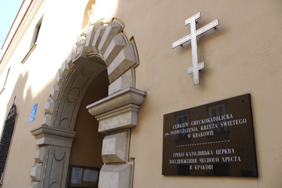 An undated photo shows the entrance to the Ukrainian Catholic Parish of the Exaltation of the Holy Cross in Krakow, Poland.