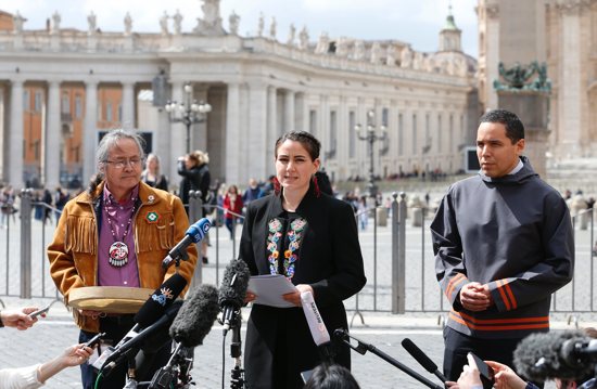 Canadian Indigenous leaders greet the media after a meeting with Pope Francis at the Vatican April 1, 2022. From left are Chief Gerald Antoine, Northwest Territories regional chief of the Assembly of First Nations; Cassidy Caron, president of the Métis National Council; and Natan Obed, president of the Inuit Tapiriit Kanatami. In a group meeting with representatives of Canada's Indigenous communities, the pope apologized for the treatment of Indigenous in Canada and promised to visit.