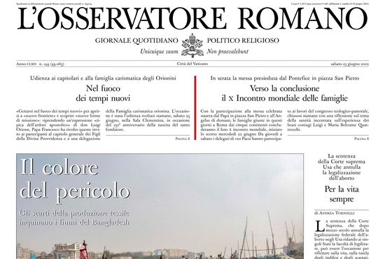 "For life, always," ("Per la vita sempre"), an editorial reacting to the U.S. Supreme Court ruling on abortion, is seen on the front page of L'Osservatore Romano, the Vatican newspaper, June 25, 2022.