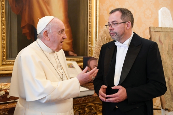 Pope Francis speaks with Andrii Yurash, Ukraine's ambassador to the Holy See, during a meeting for the ambassador to present his credentials to the pope at the Vatican in this April 7, 2022, file photo. In an interview with Catholic News Service, the ambassador spoke about the current situation in his country, the possibility of a papal trip to Kyiv and the effect the war has had on relations between the Catholic Church and the Russian Orthodox Church.