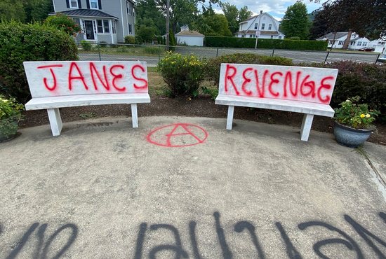 Vandalism is seen near Bethlehem House, a pregnancy center in Easthampton, Mass., Aug. 18, 2022. Vandals spray-painted "Jane's Revenge," on benches located outside the building and the message, "If abortion isn't safe, neither are you."