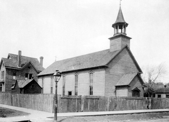 The first, wood-frame St. Stanislaus church built in 1872 in St. Paul. 