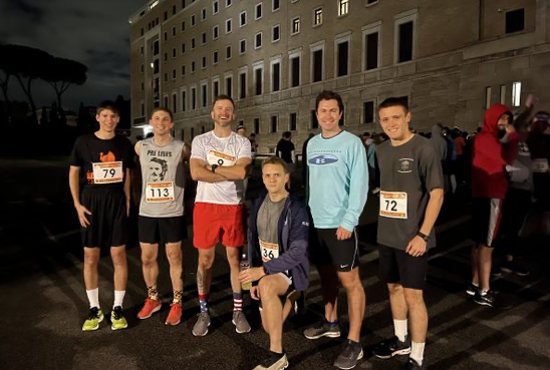 Seminarians at the North American College ahead of the start of the Thanksgiving race on Nov. 24, 2022. Michael Maloney, the winner of the race, is pictured on the far right.